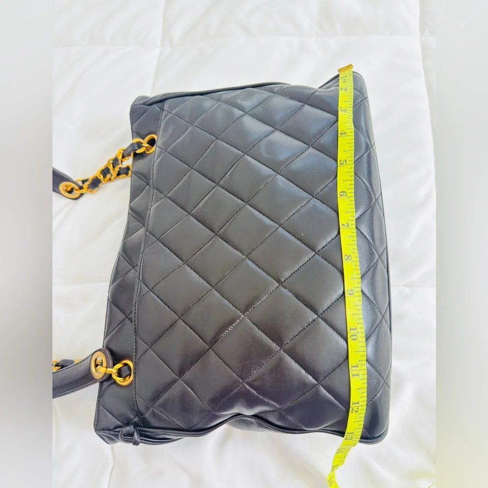 Chanel Vintage 24k Gold Plated Black Lambskin Quilted Tote Bag Gold Ball Charm